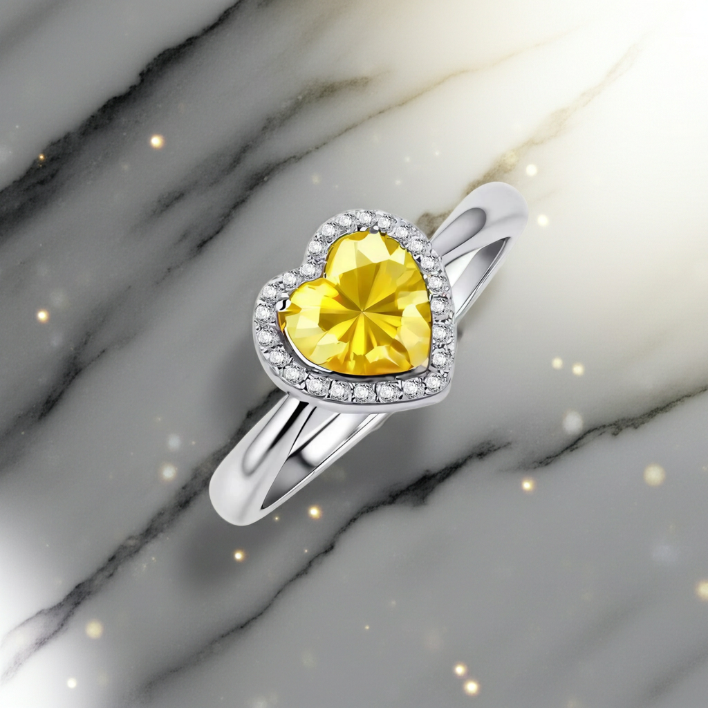 Anello Halo Cuore Dorato | Moissanite Gialla VVS1