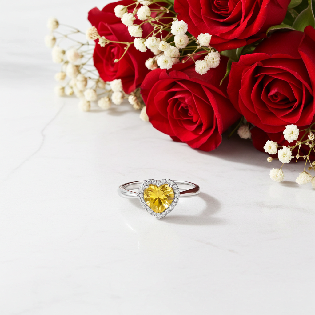 Anello Halo Cuore Dorato | Moissanite Gialla VVS1