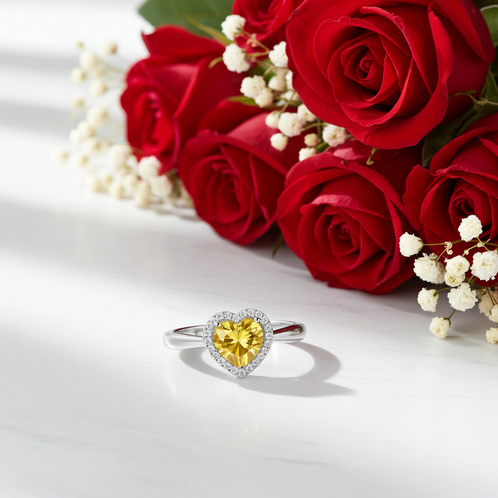 Anello Halo Cuore Dorato | Moissanite Gialla VVS1