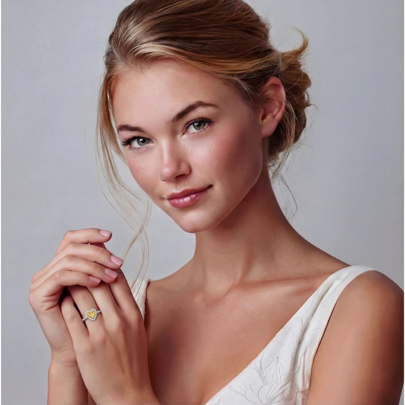 Anello Halo Cuore Dorato | Moissanite Gialla VVS1