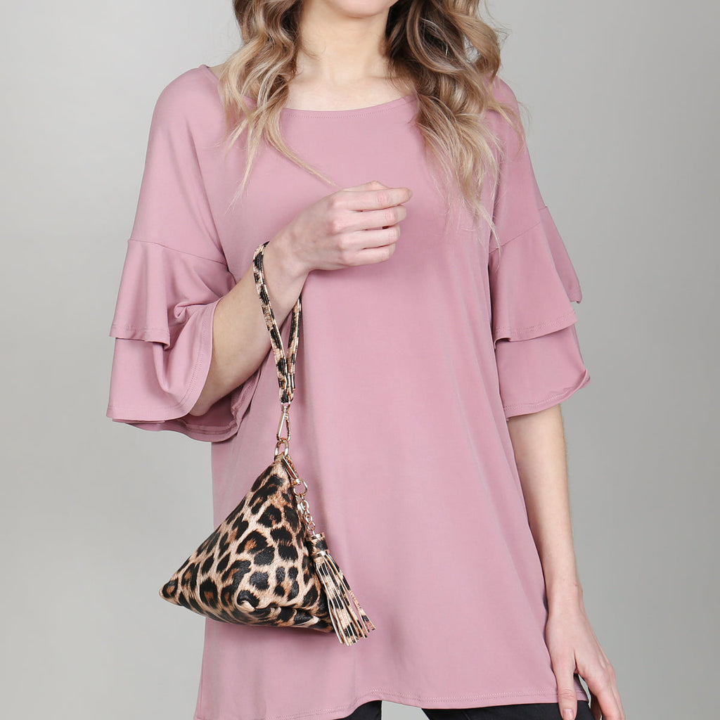 Pyramid Shape Tassel Wristlet Leather Bag