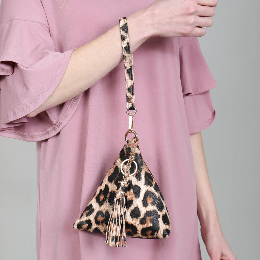 Pyramid Shape Tassel Wristlet Leather Bag