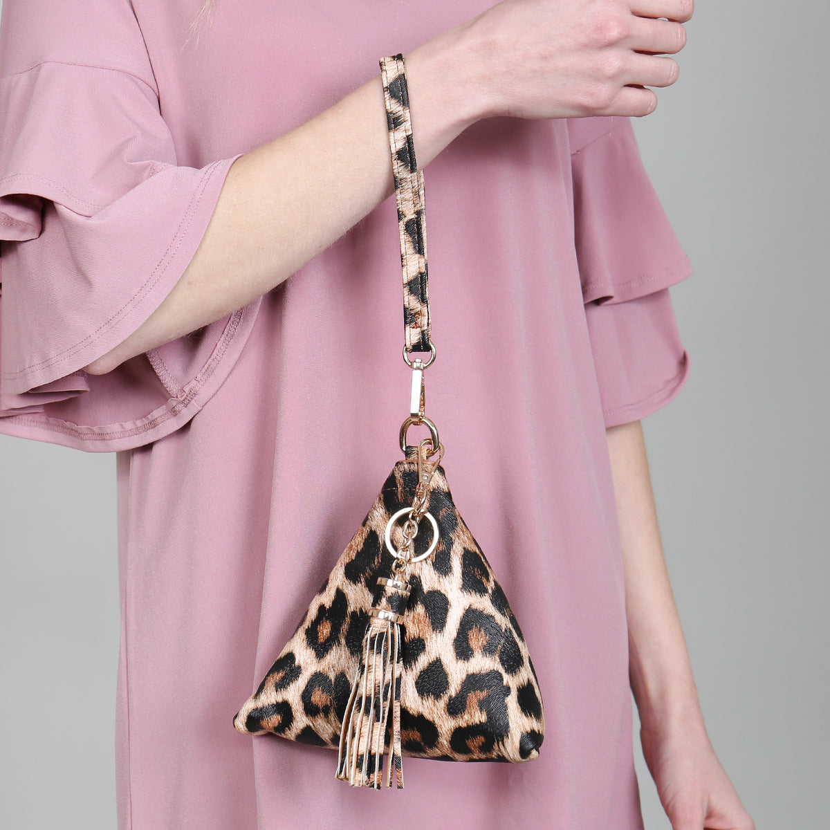 Pyramid Shape Tassel Wristlet Leather Bag