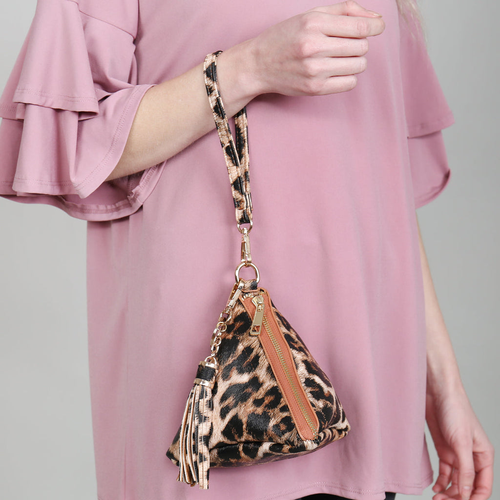 Pyramid Shape Tassel Wristlet Leather Bag