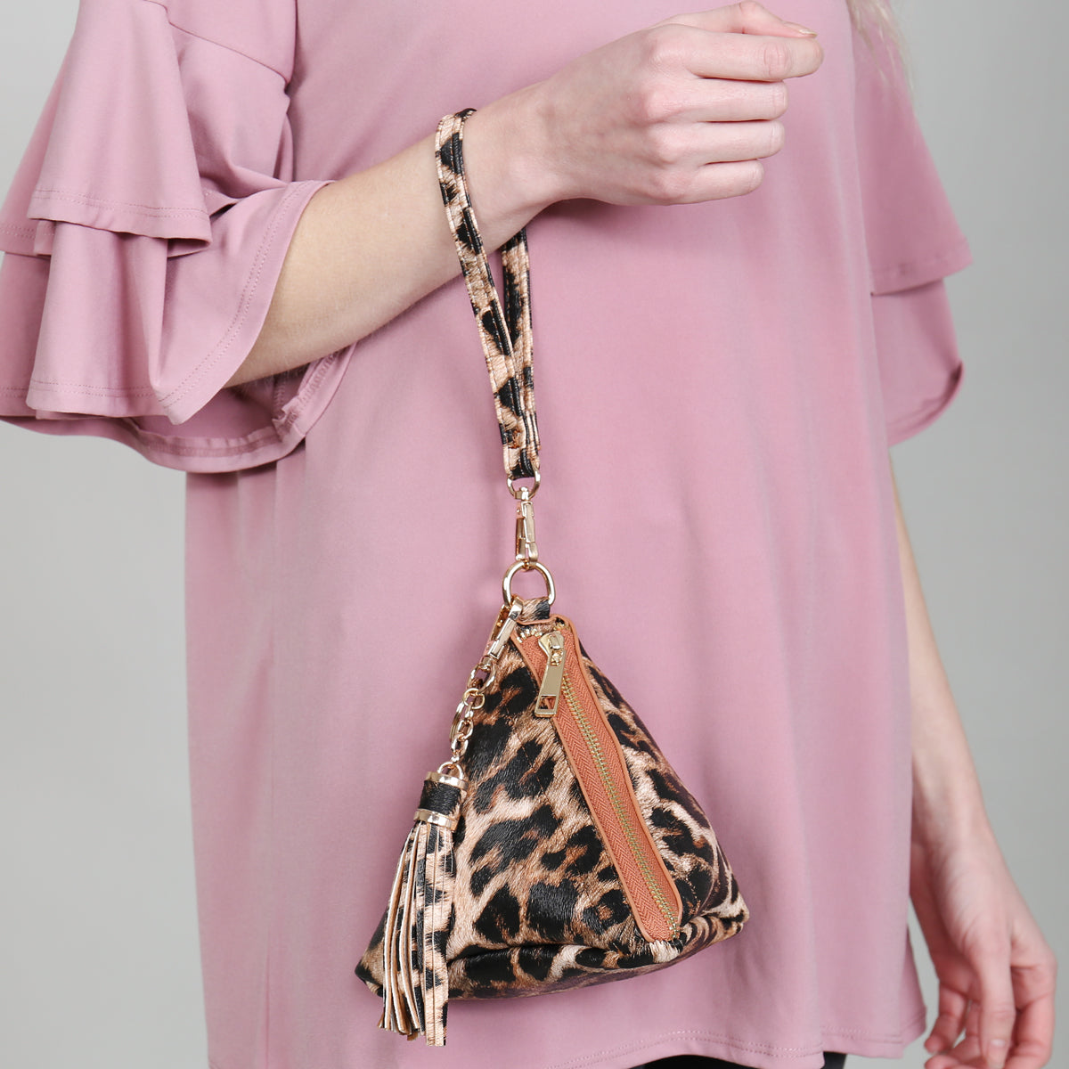 Pyramid Shape Tassel Wristlet Leather Bag