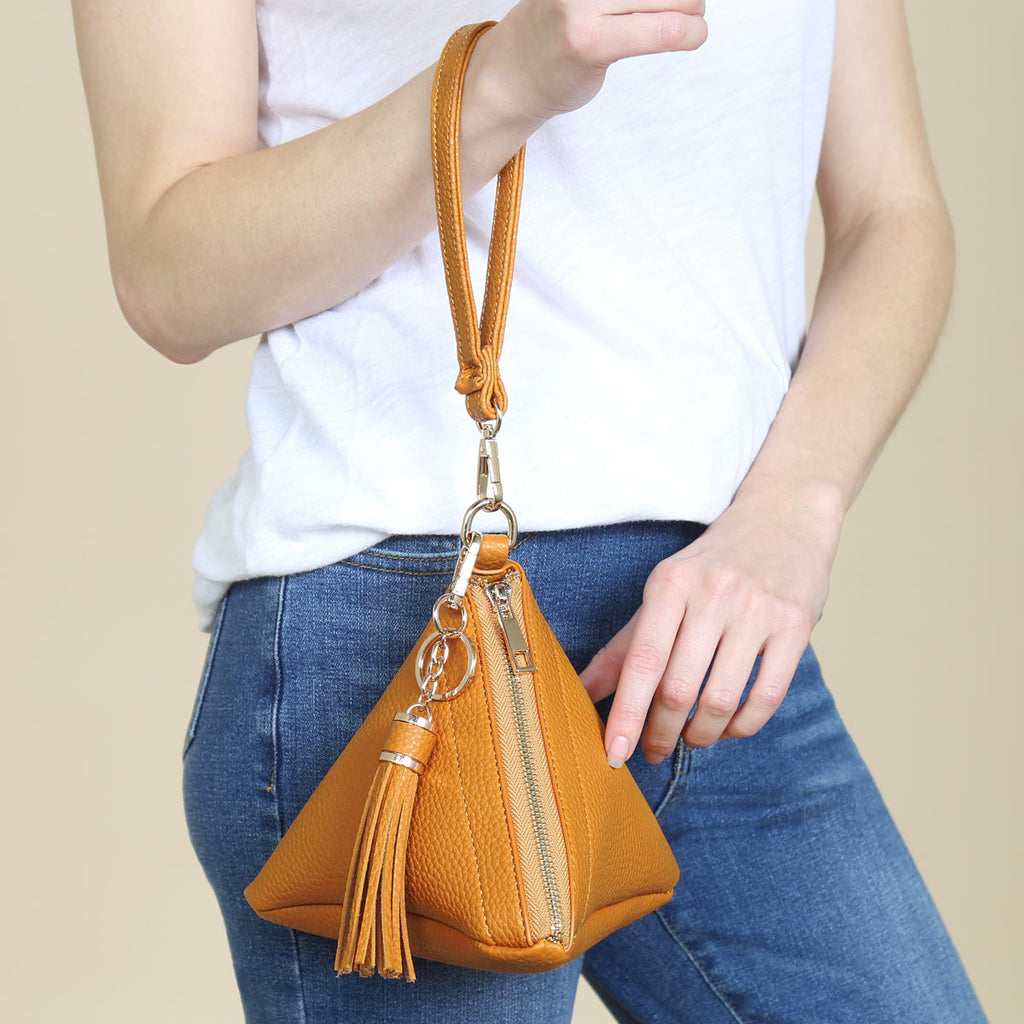 Pyramid Shape Tassel Wristlet Leather Bag