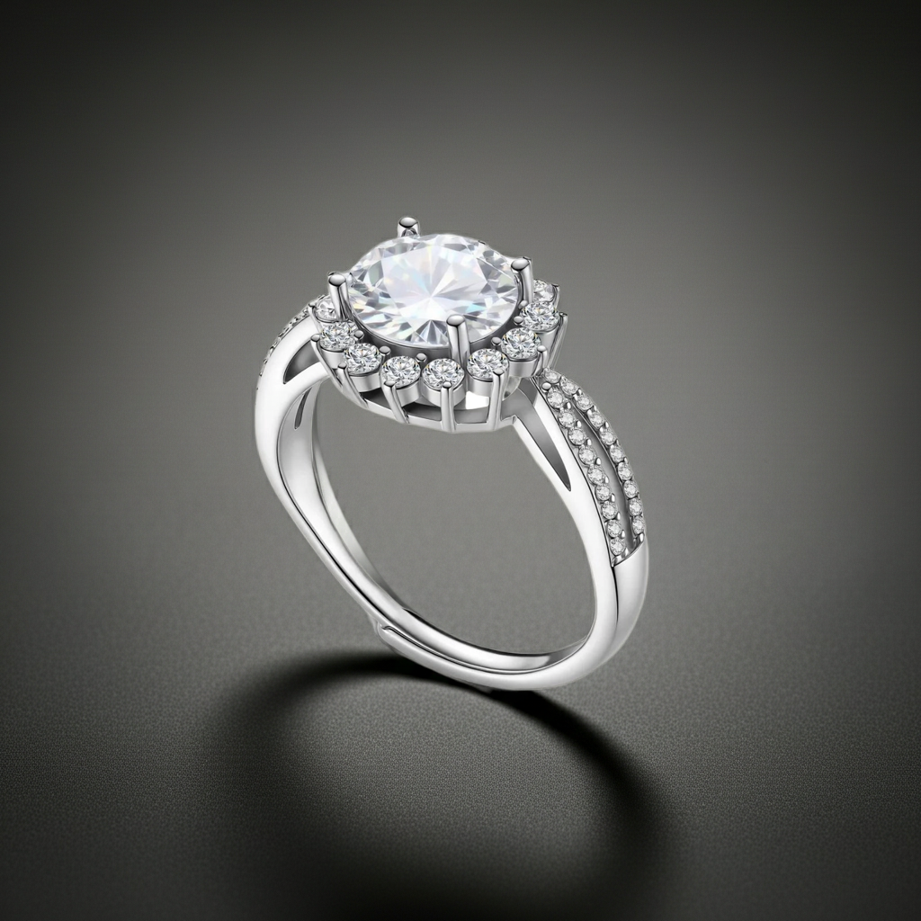 Anello Halo Stellare | Moissanite Rotonda 2ct VVS1