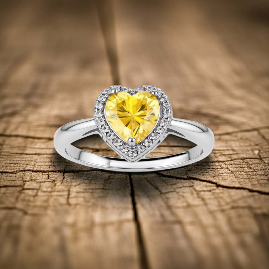 Anello Halo Cuore Dorato | Moissanite Gialla VVS1