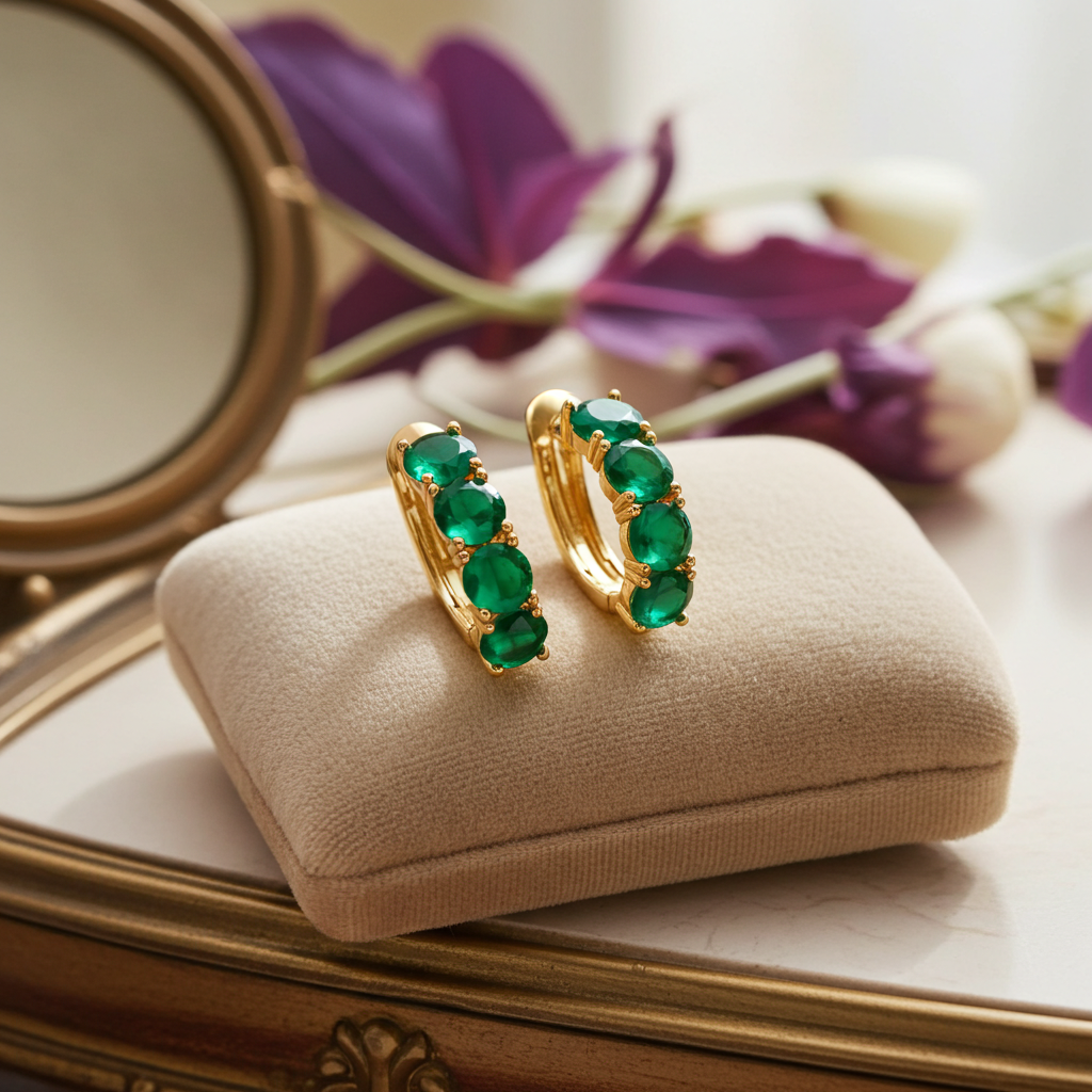 Orecchini Huggie Smeraldo | Cubic Zirconia & Oro 18K su Argento 925