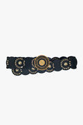 Black Leather Belt With Black Rhinestone Round Buckle and Golden Details