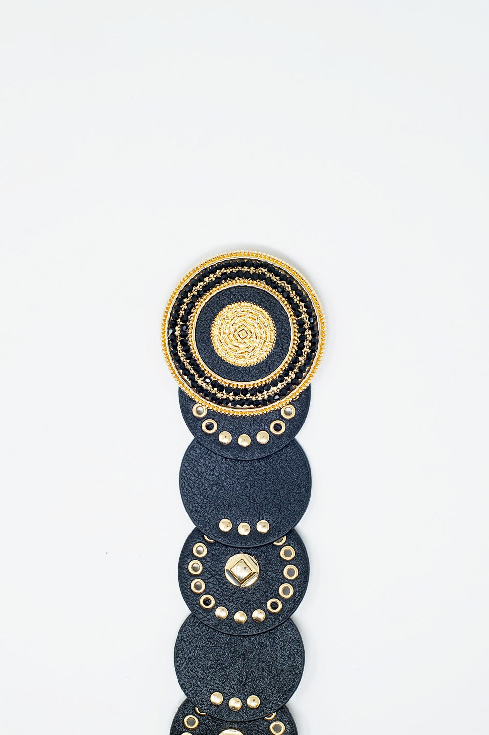 Black Leather Belt With Black Rhinestone Round Buckle and Golden Details