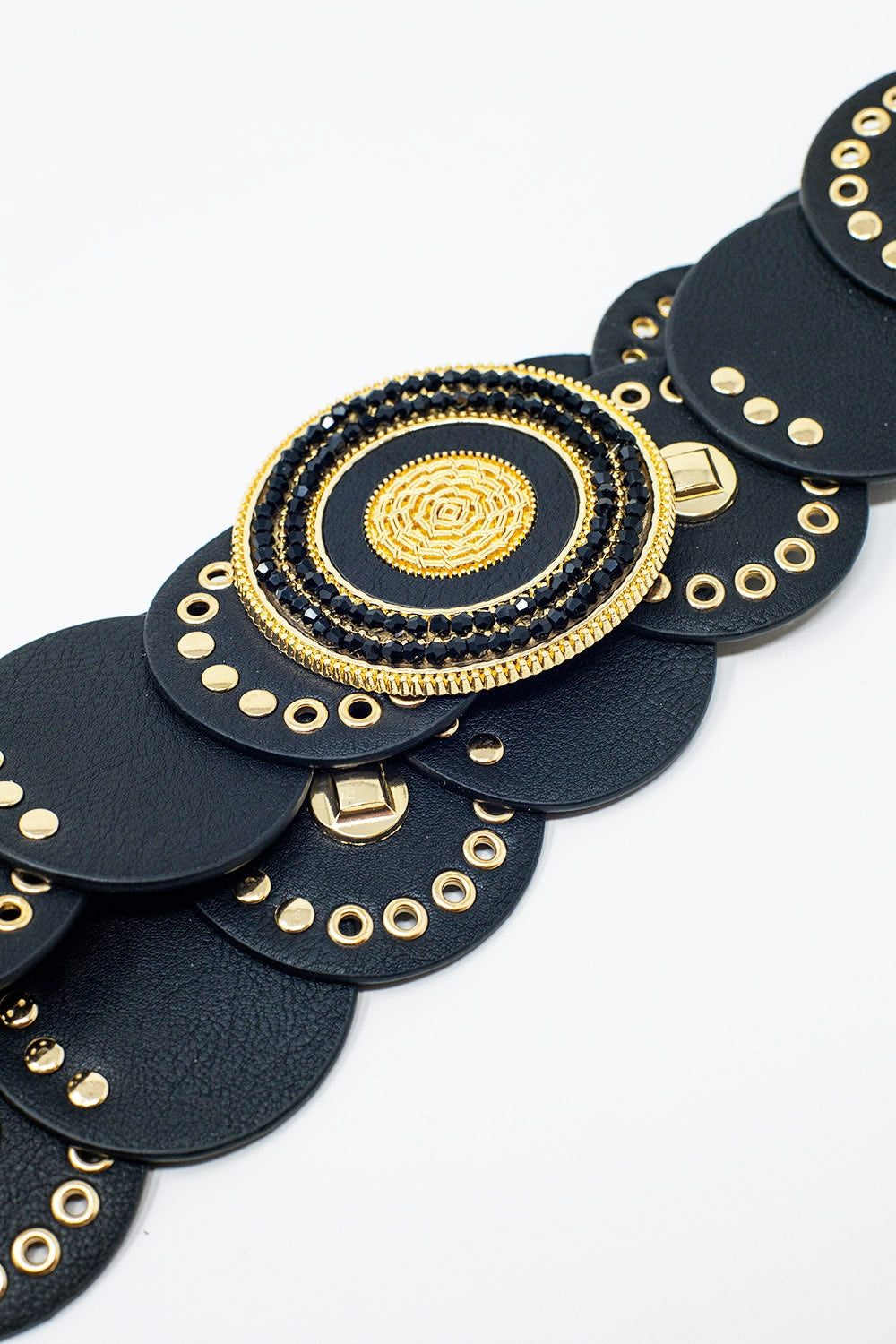 Black Leather Belt With Black Rhinestone Round Buckle and Golden Details