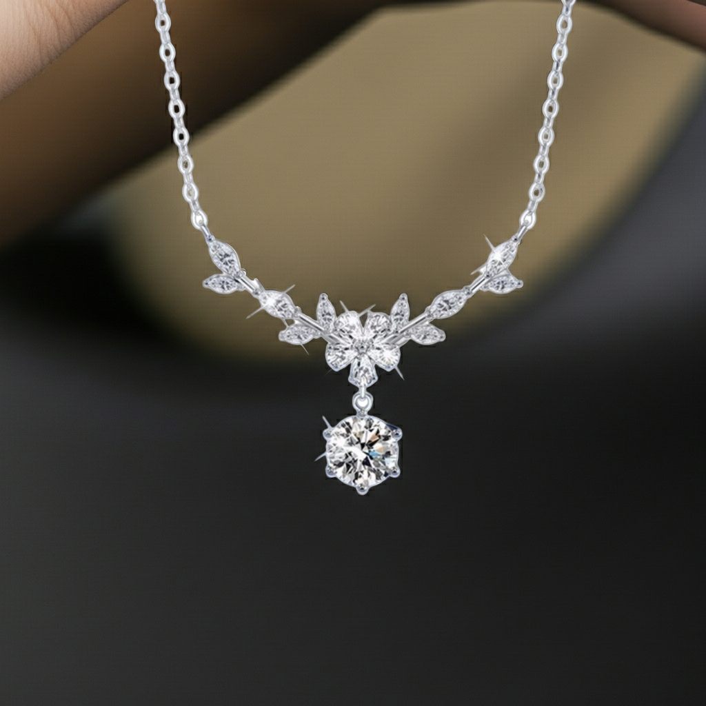 1 Carat Moissanite 925 Sterling Silver Leaf Flower Necklace