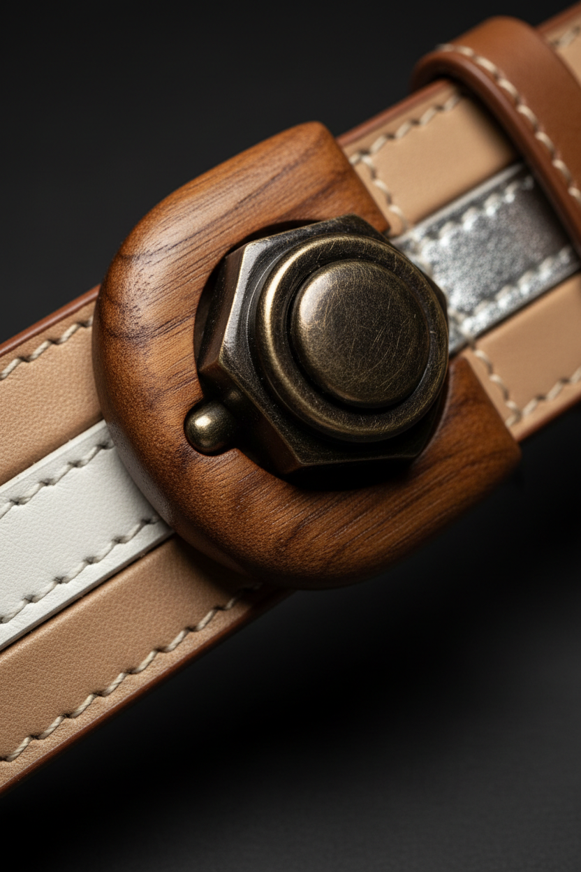 Close-up wooden walnut buckle NUT mechanism detail – Guilin Gentle 351 Wood Belt
