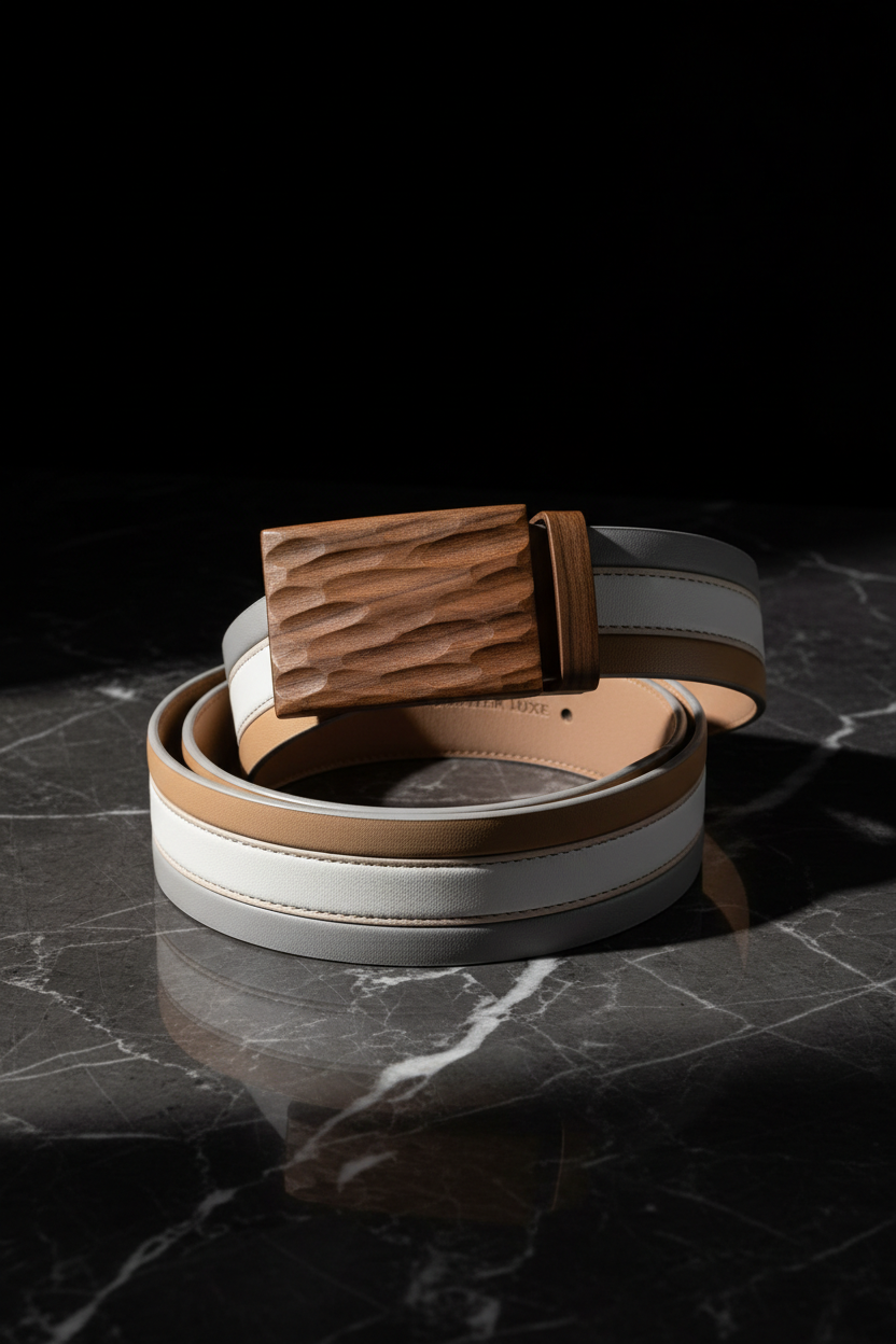 Guilin Gentle 351 leather belt with walnut wooden buckle flat lay on dark marble – Wood Belt