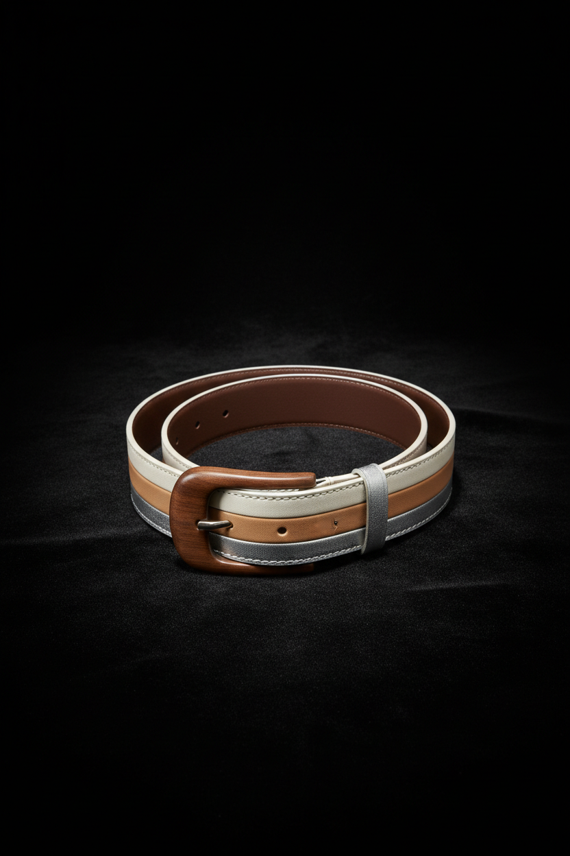 Guilin Gentle 351 tri-color leather belt flat lay on black velvet – Wood Belt