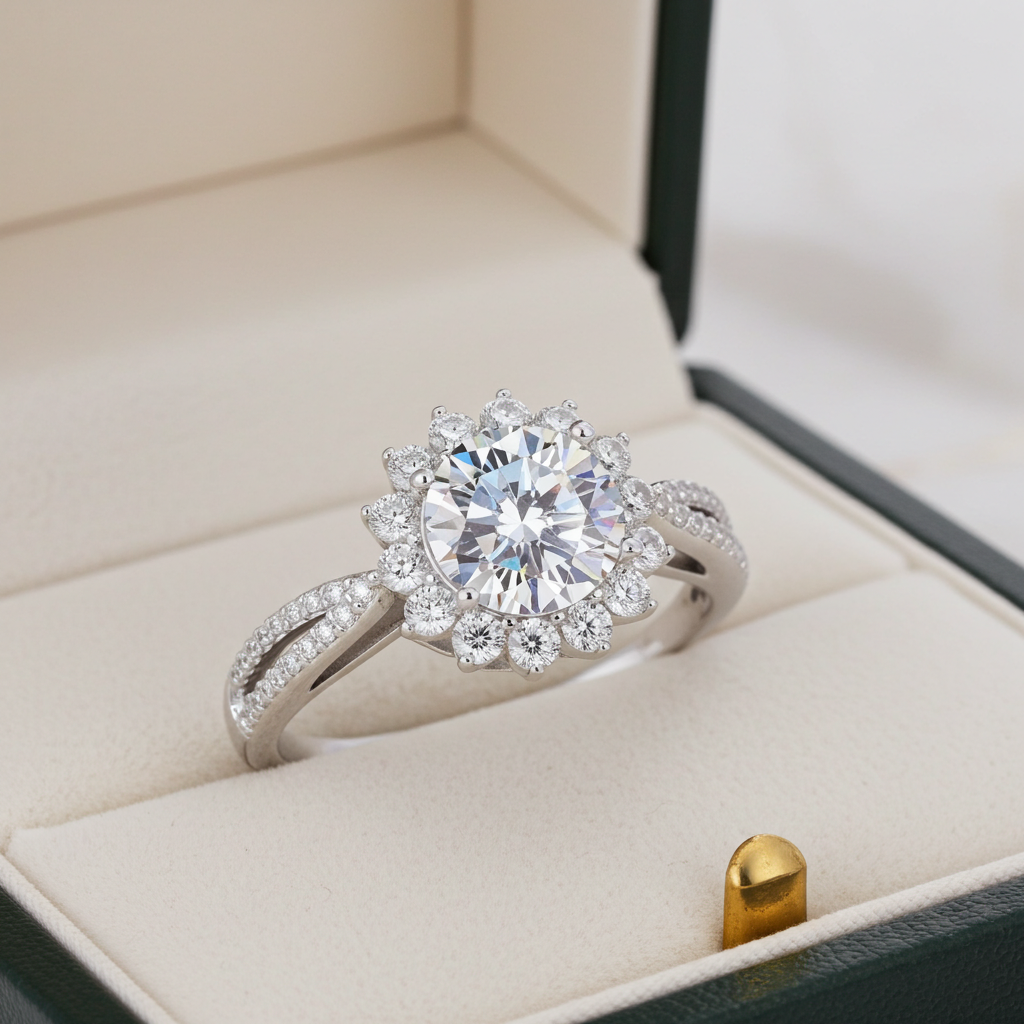 Anello Halo Stellare | Moissanite Rotonda 2ct VVS1