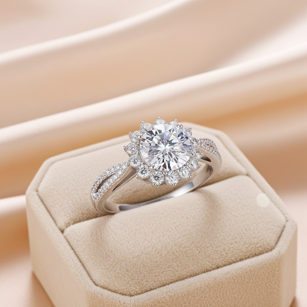 Anello Halo Stellare | Moissanite Rotonda 2ct VVS1