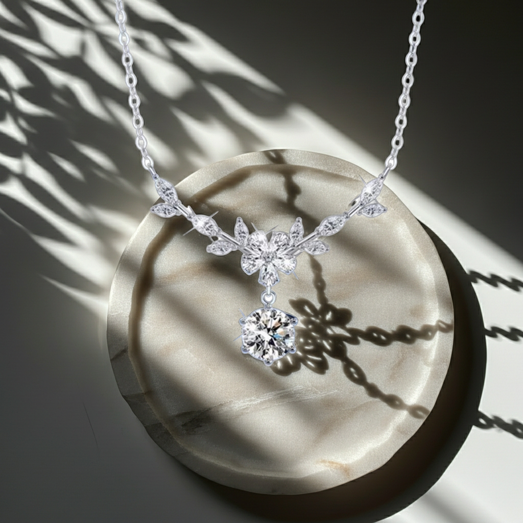 1 Carat Moissanite 925 Sterling Silver Leaf Flower Necklace