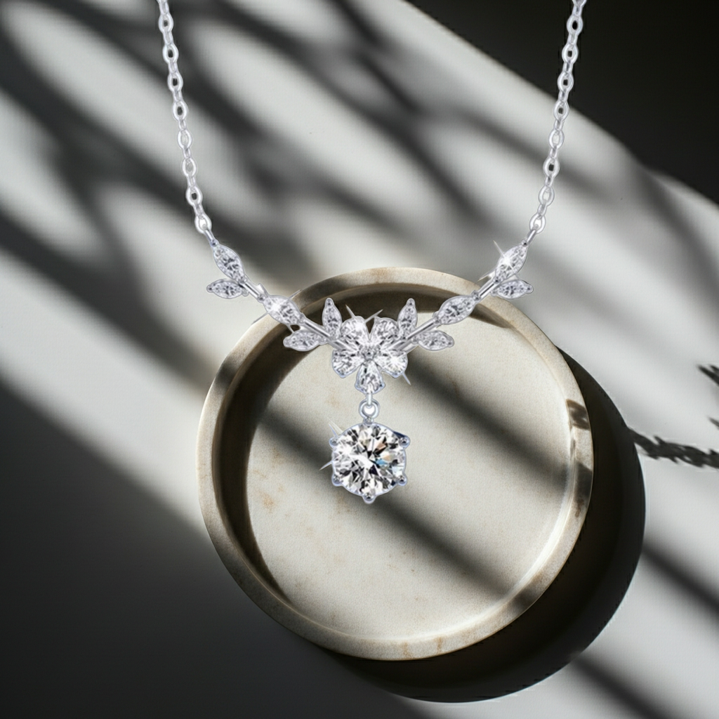 1 Carat Moissanite 925 Sterling Silver Leaf Flower Necklace